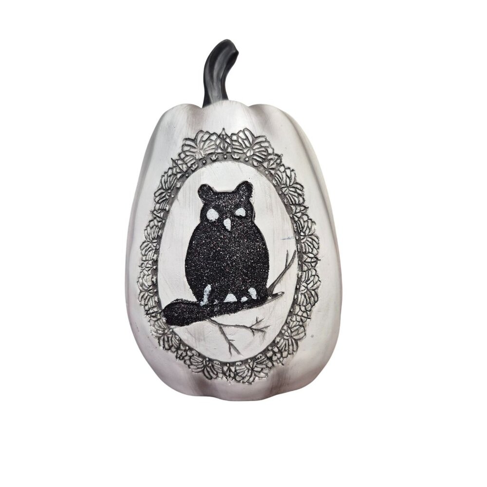 Handcrafted White Pumpkin With Glitter Owl Design